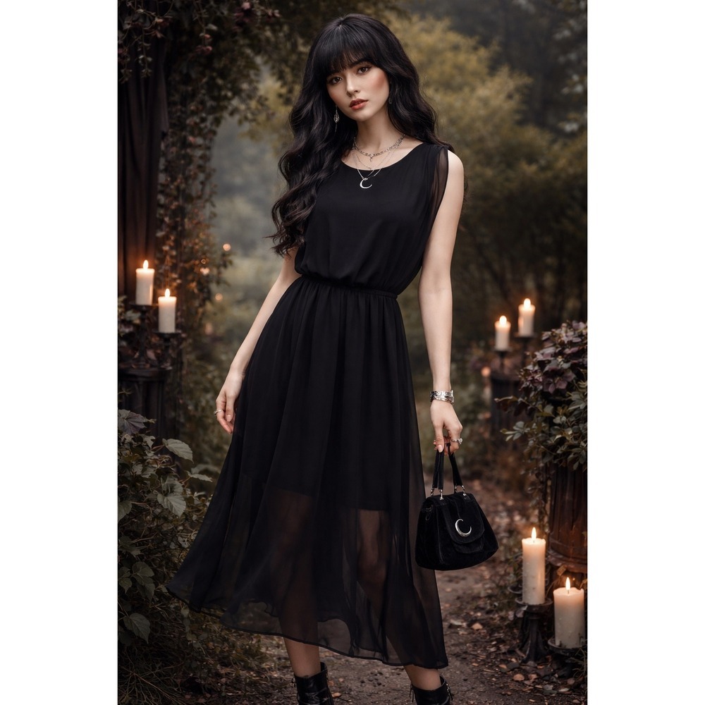 Bisou Bisou Michele Boho Dark Feminine Black Chiffon Maxi Dress Sheer Size 10